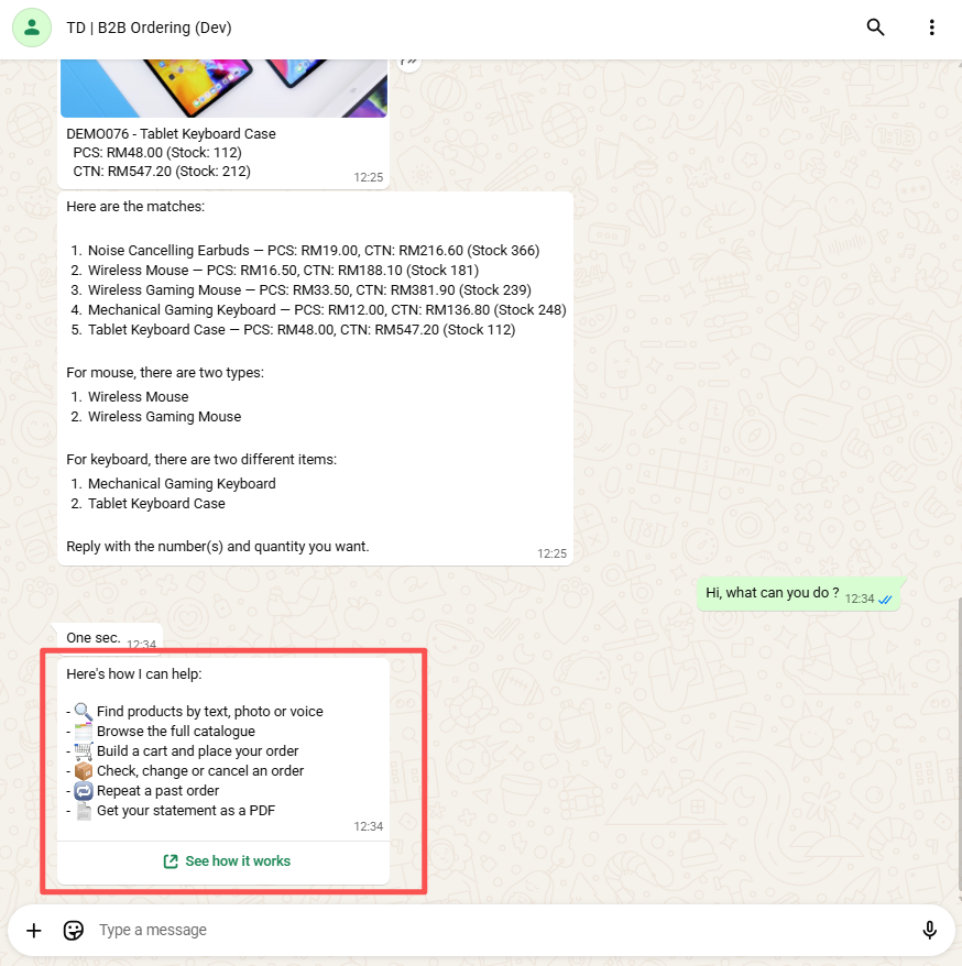 A customer asking what the assistant can do, and the card it replies with