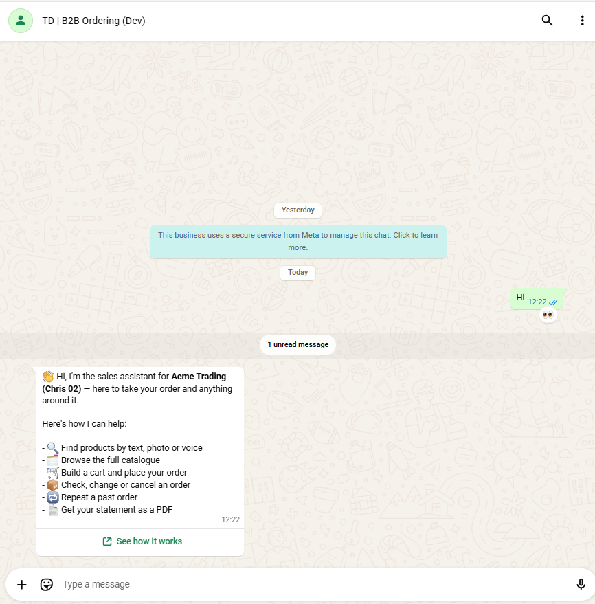 A WhatsApp conversation opening with the assistant's introduction