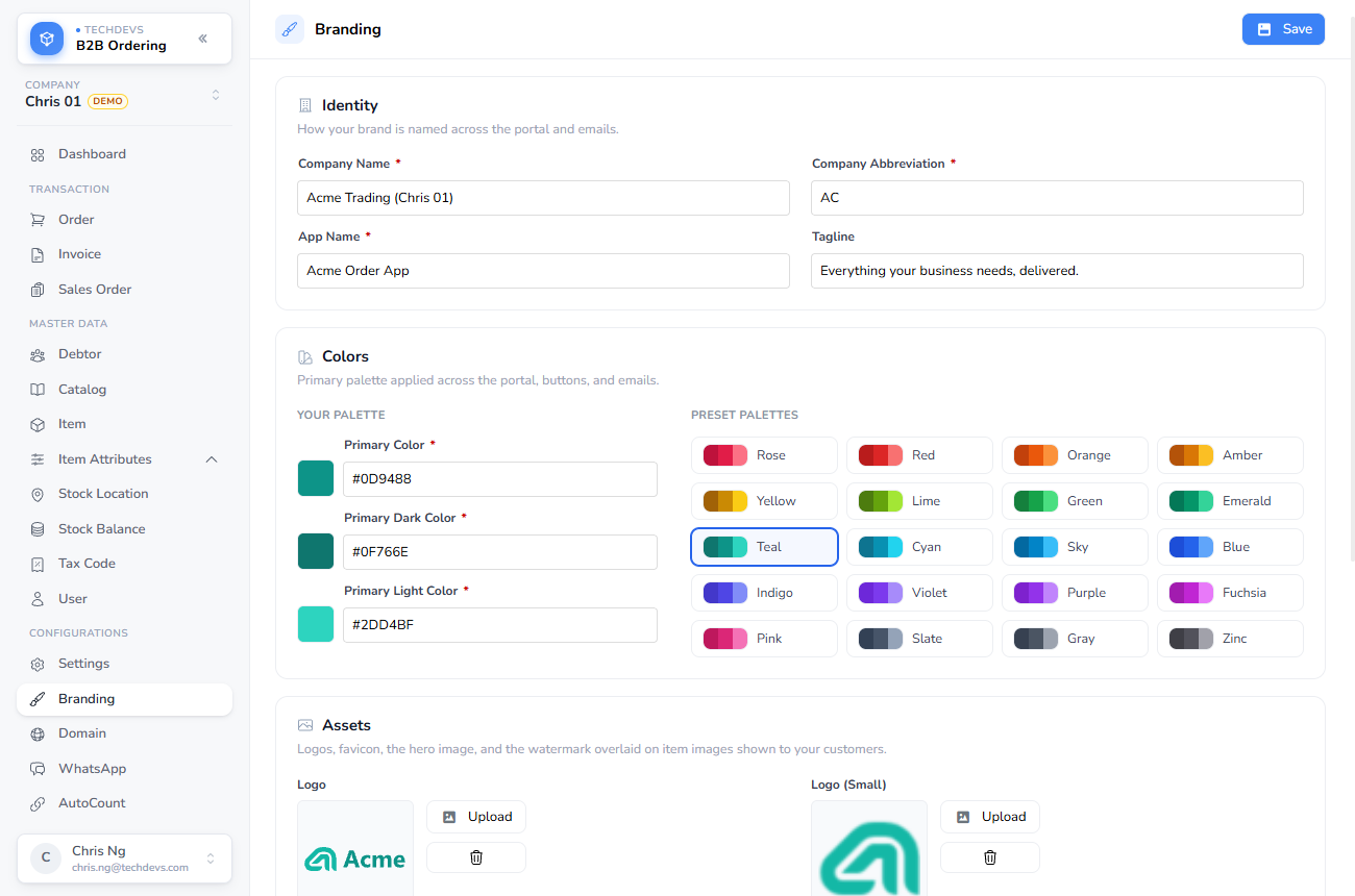 The Branding page for a demo company