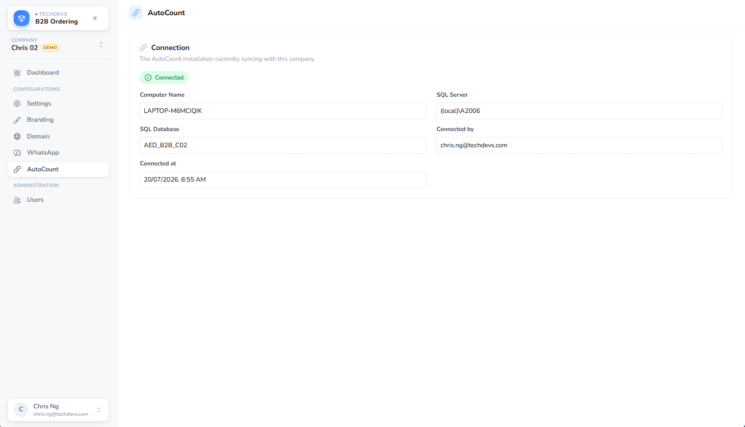 The AutoCount connection details in B2B Ordering