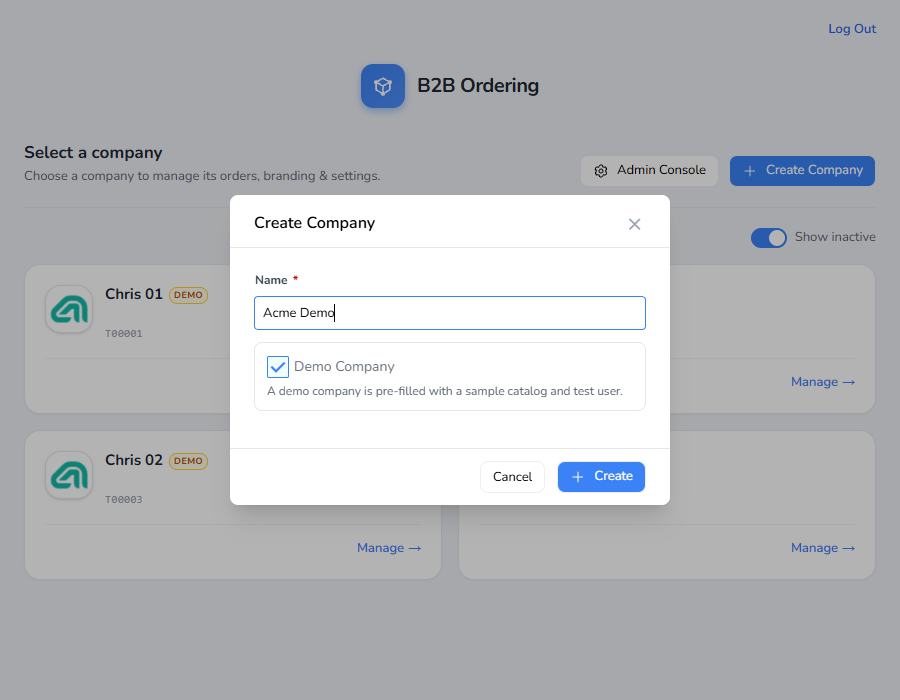Ticking Demo Company in the Create Company dialog