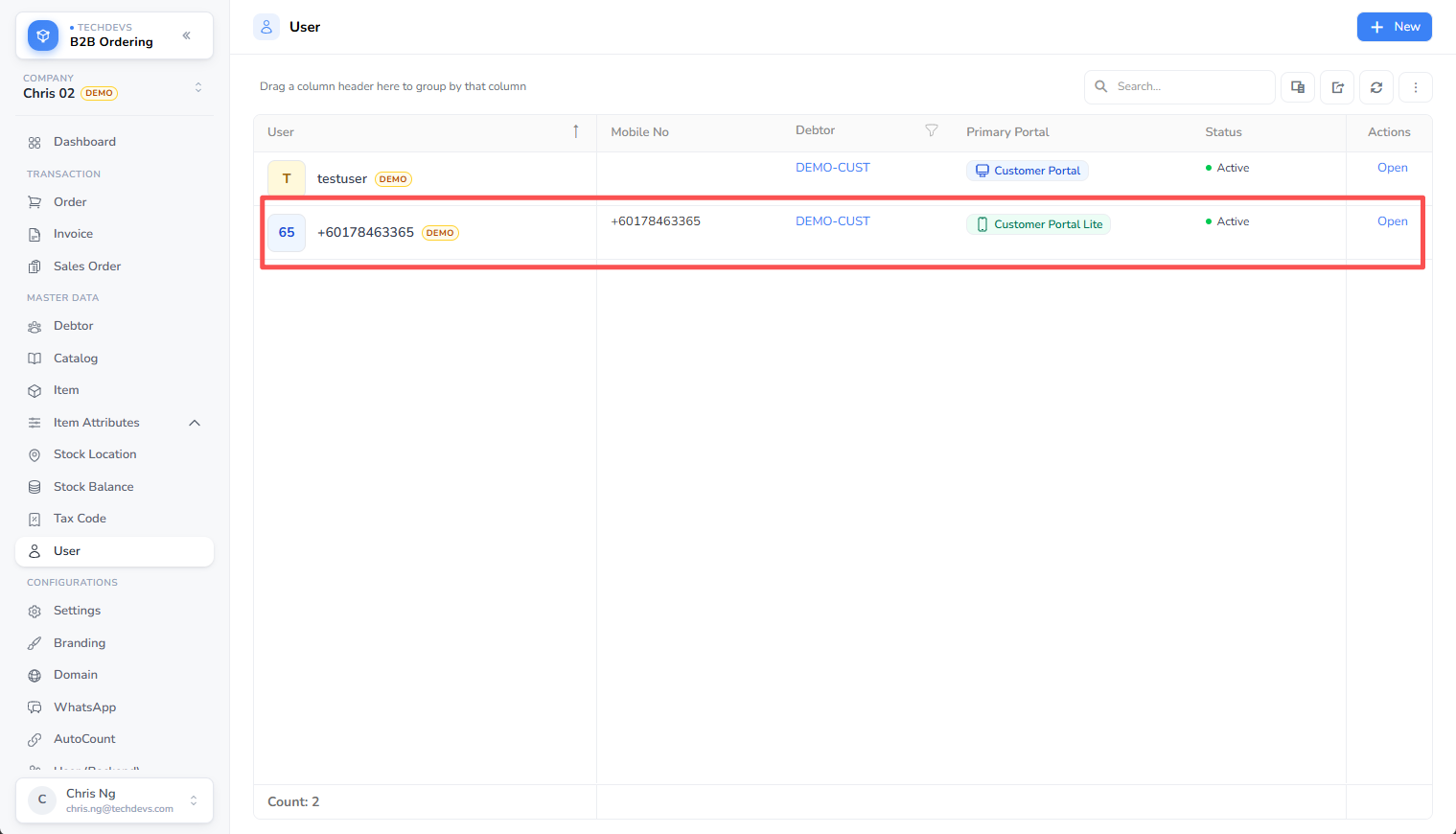The automatically created demo user in the User list