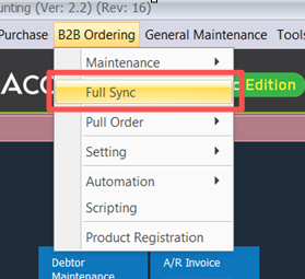 Choosing Full Sync from the B2B Ordering menu