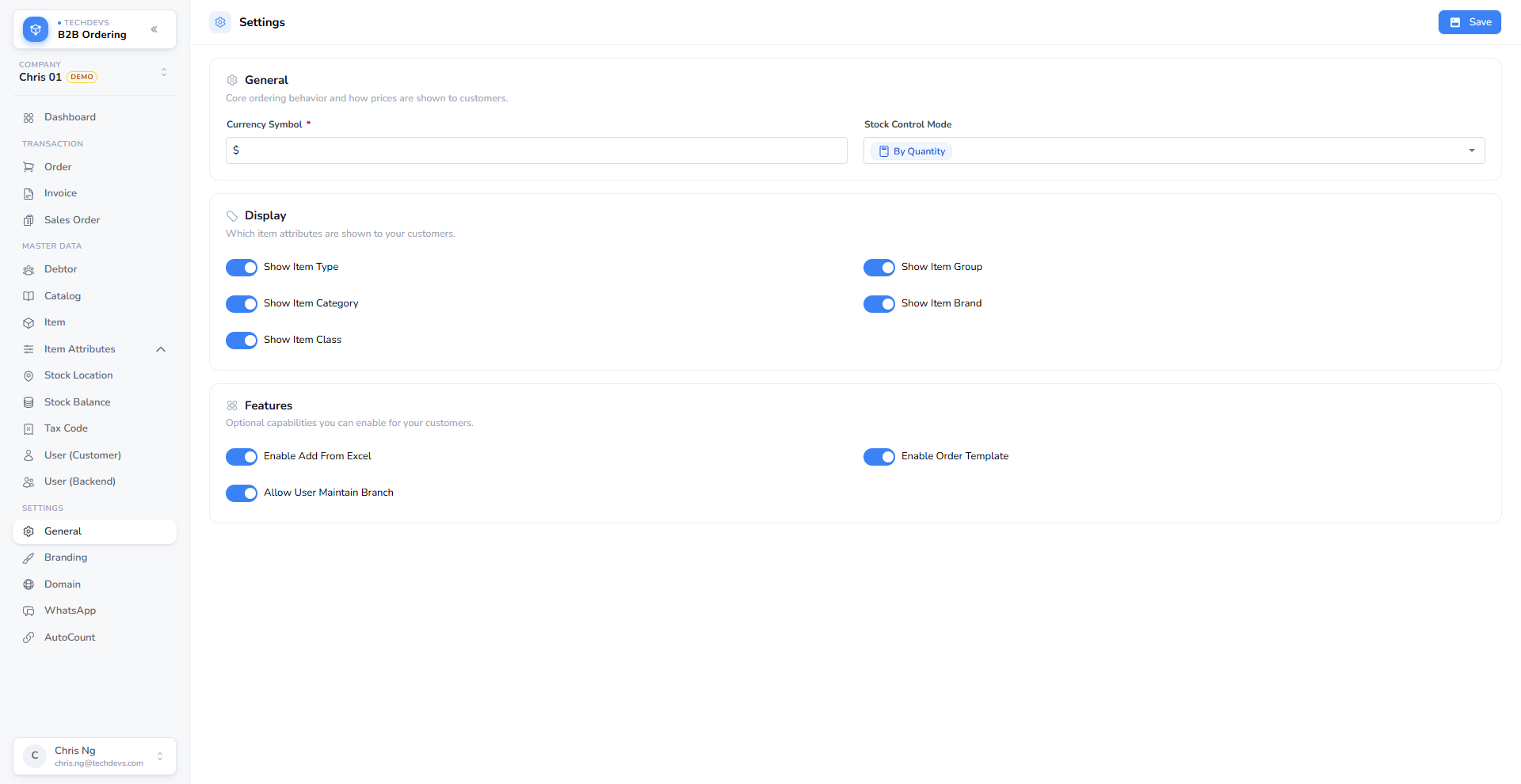 The Settings page in the admin portal, with General, Display and Features groups