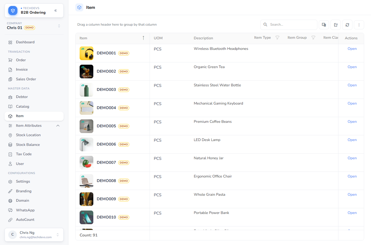 The demo products in the Item list
