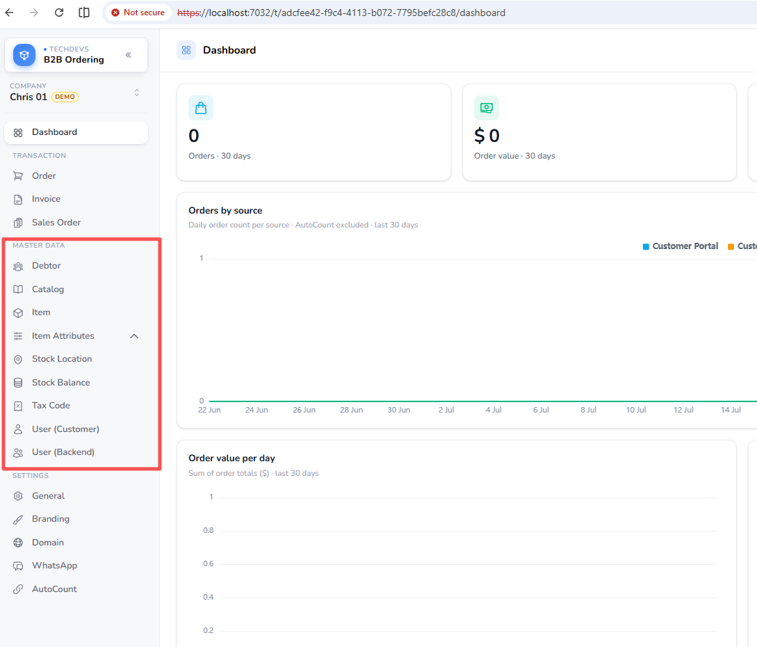 The Master Data section of the admin portal menu