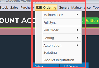 The B2B Ordering menu in the AutoCount menu bar