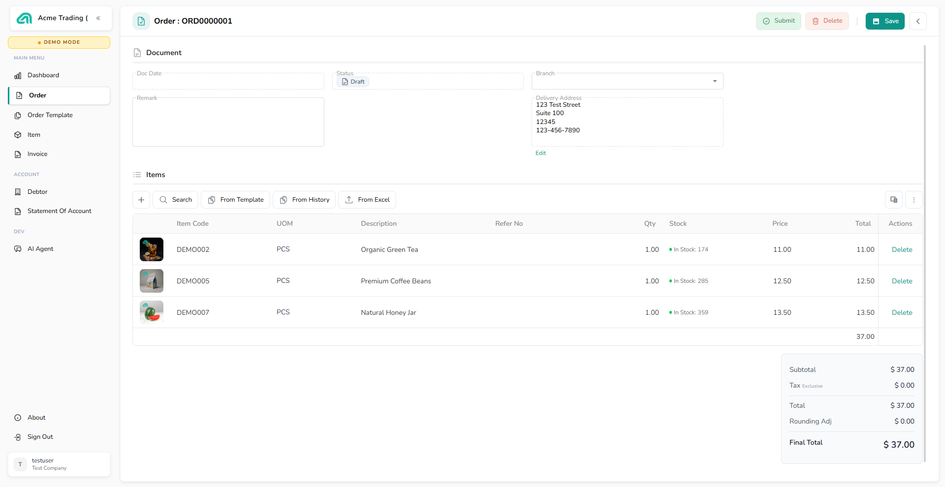 An order in the customer portal showing price and total columns and an order summary