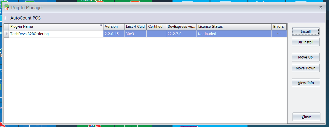 The AutoCount Plug-In Manager, with the B2B Ordering plug-in selected