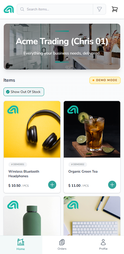 The demo catalogue on the mobile portal