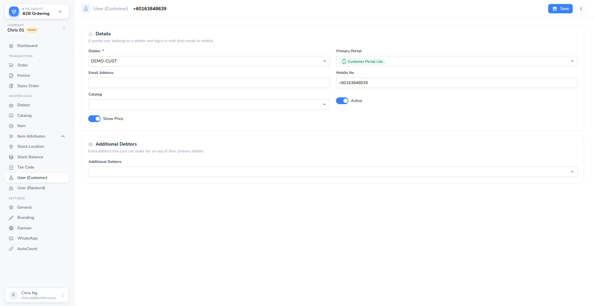 A portal user's form, showing debtor, primary portal, mobile number and catalog