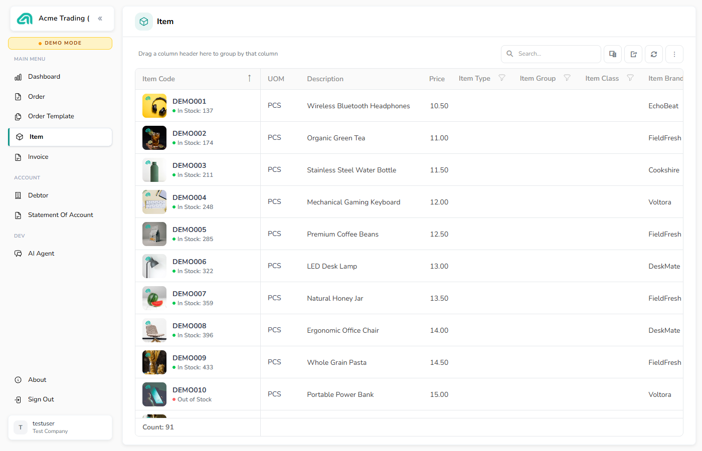 The demo catalogue on the customer portal