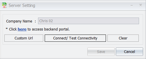 The Server Setting dialog showing the connected company