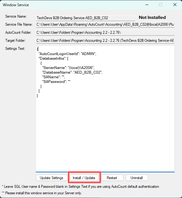 The Window Service dialog before installing