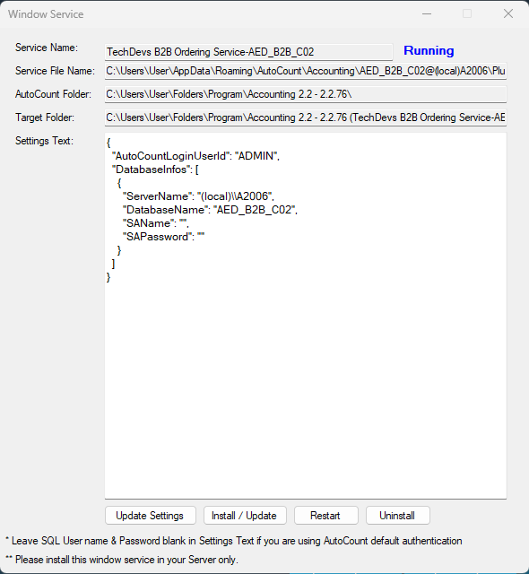 The Window Service dialog showing the service running