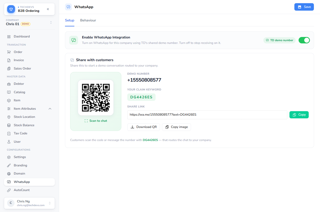 The WhatsApp page for a demo company, showing the number, QR code, and claim keyword