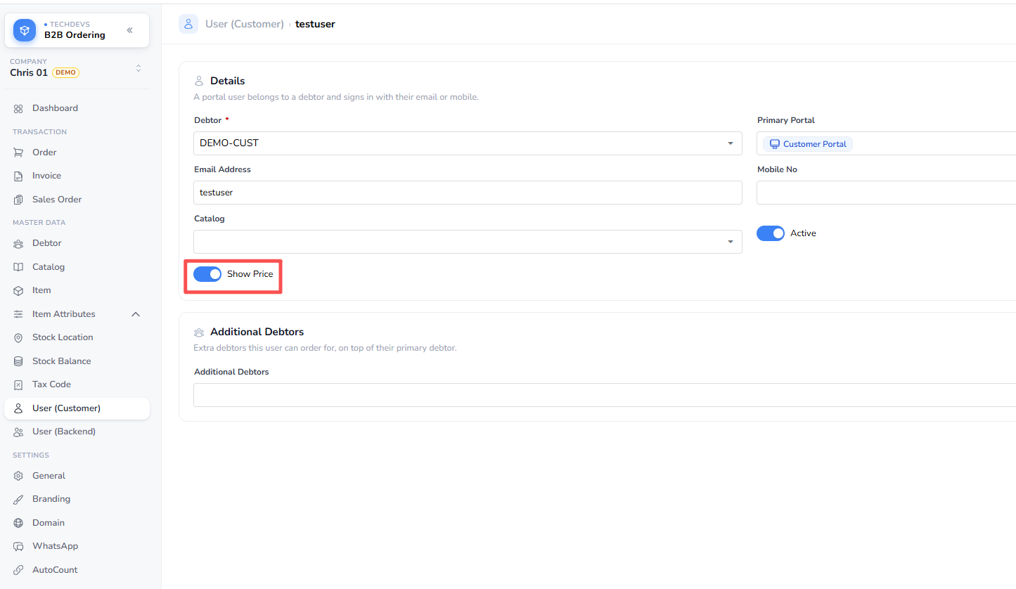The Show Price switch on a portal user's form
