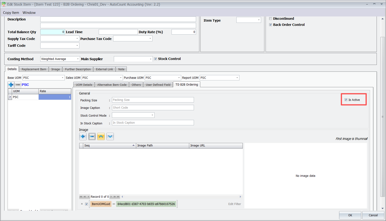 The Is Active tickbox for a unit, on the TD B2B Ordering tab of an AutoCount stock item